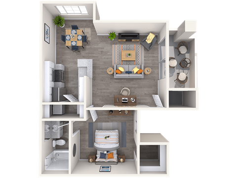 Floor plan for 1 bed, 1 bath, 715 sqft